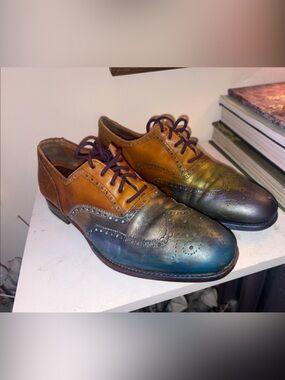 Two-Tone Metallic Brown and Blue Wingtip Derby Shoes